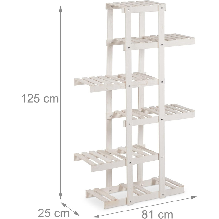 Полиця для квітів Relaxdays Дерево, 5-ступінчасті квіткові сходи, ВхШхГ 125x825 см, Шеббі, Білий