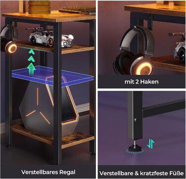 Кутовий стіл Rolanstar з RGB-підсвіткою та розетками, 135 см, для комп'ютера з підставкою для монітора та полицею, реверсивний, з 2 гачками, для спальні/офісу, вінтажний коричневий, 134,5 x 134,5 x 86,2 см