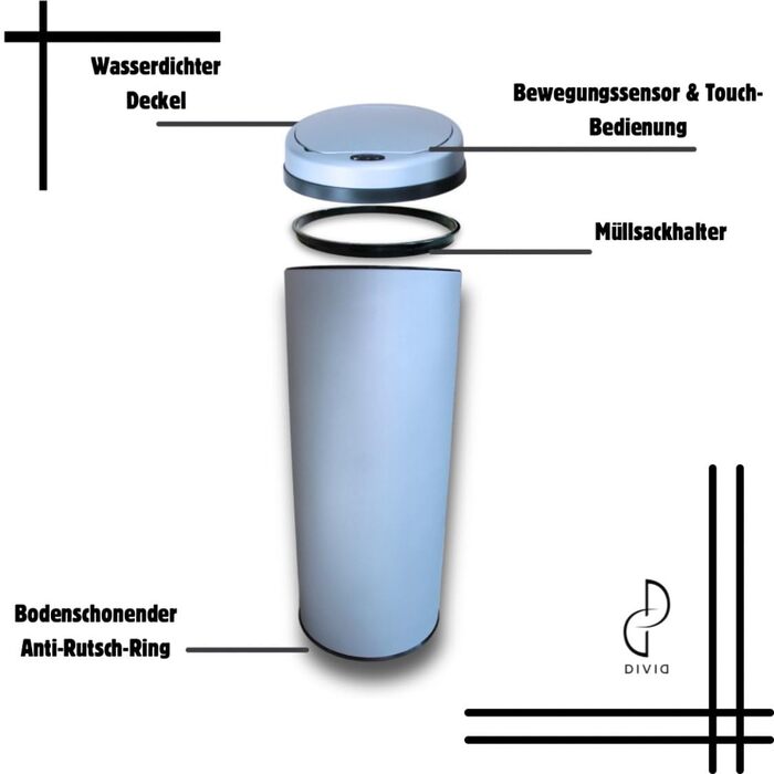 DIVID® Сміттєвий бак з датчиком руху для кухні 50л, сірий | Автоматичний сенсорний контейнер для сміття | З механізмом закривання кришки | Захист від проливання
