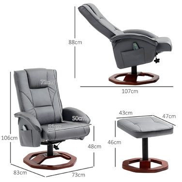 Масажне крісло HOMCOM Recliner з табуреткою Телевізор Функція відкидання на 360° з бічною кишенею Штучна шкіра 73 x 83 x 106см Темно-сірий | Аосом