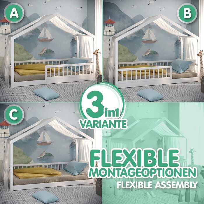 CADANI Мальте - ліжко-будиночок для дітей 120x200 см, біле, Montessori, з бортиками, трансформується, з ламелями, до 200 кг, біле