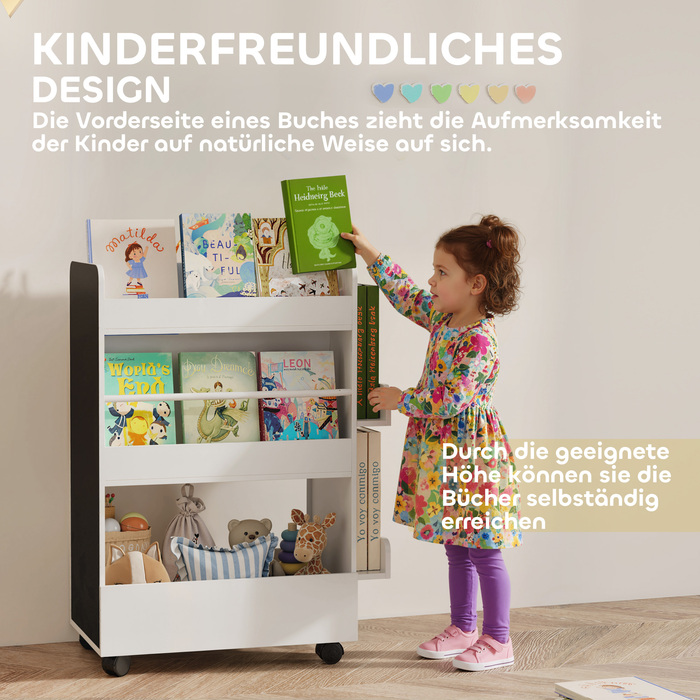 Дитяча полиця для книжок Kinder з 4 полицями, нижньою секцією, 2 бічними панелями, дощечкою для малювання, колесами, для дітей 3–8 років, 66,5 x 32,5 x 86,5 см, білий