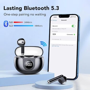 Навушники-вкладиші Bluetooth 5.3 з мікрофоном, LED, глибокі баси, USB-C, 40 годин, IPX7, HiFi (темний)