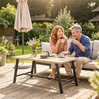 Зовнішній журнальний столик, прямокутний металевий приставний столик з імітацією дерев'яної стільниці, 100 x 55 см, Колір: Коричневий