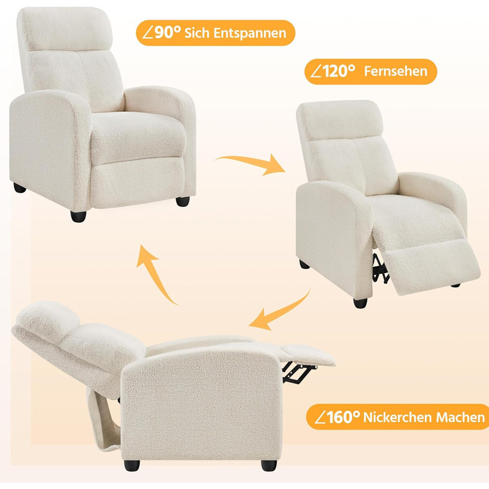Крісло-релакс Yaheetech з регульованою підніжкою, крісло для телевізора, крісло-ліжак з тканини Boucle, колір слонова кістка