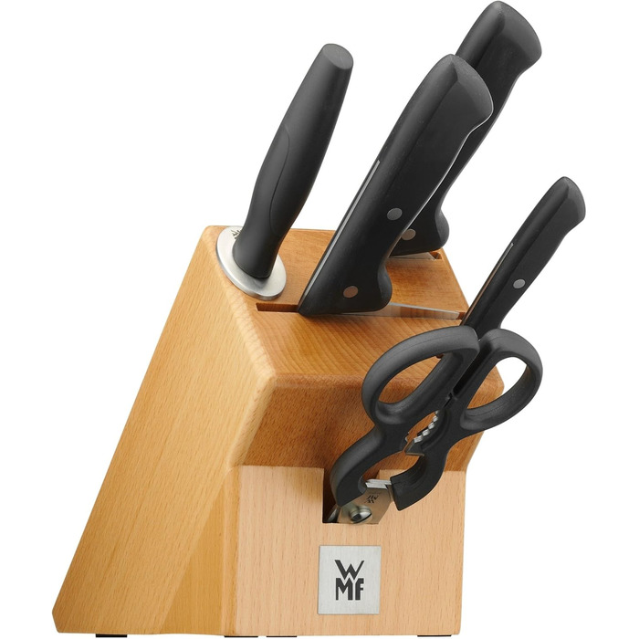 Набір ножів WMF Classic Line з блоком, 6 предметів, з лезами з нержавіючої сталі, точилка, ножиці, дерев'яний блок з дуба