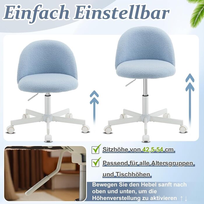 Офісне крісло Bonnlo з роликами, крісло для туалетного столика, регульоване по висоті, для робочого кабінету, спальні, home office, з м'якої тканини Teddy, біле (світло-блакитне)