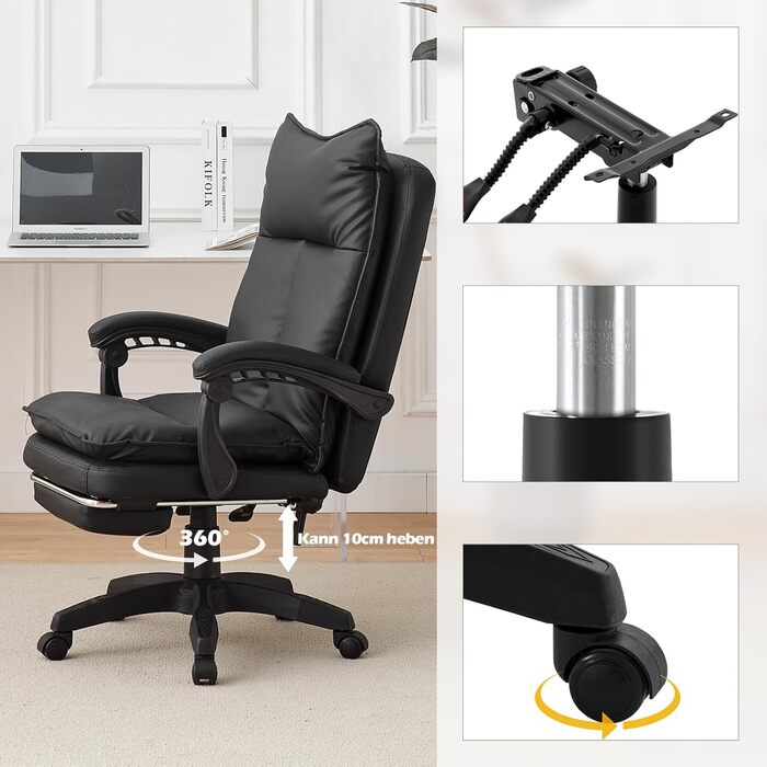 Офісний крісло TUKAILAI: ергономічне, з регулюванням висоти, підлокітники, підставка для ніг, чорне