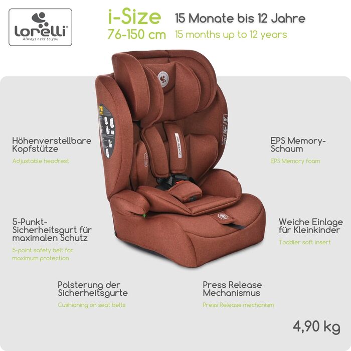 Автокрісло Lorelli Adventure i-Size 9-36кг, 76-150см, з регульованою підголівником, 5-точкова система безпеки, (ginger)