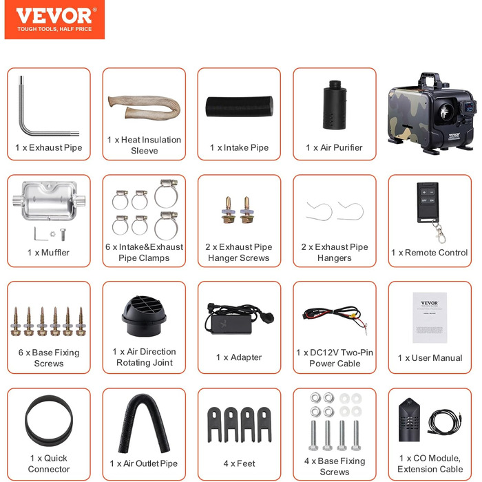 VEVOR 8 кВт дизельна піч опалення 12/24 В з Bluetooth, пультом дистанційного керування та CO-датчиком, швидко нагрівається, портативна, горизонтальна, маскувальна