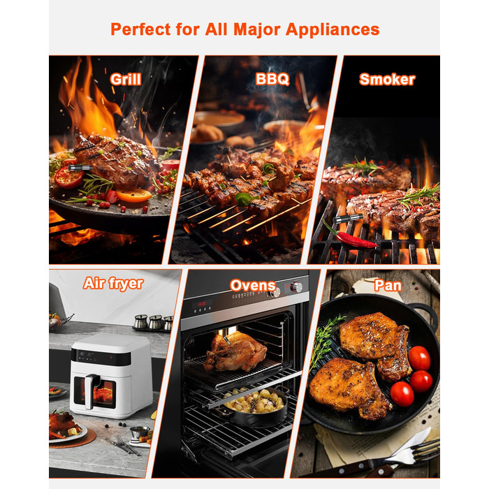 Цифровий термометр для м'яса – миттєве відображення температури, бездротовий, з двома датчиками, Bluetooth, водонепроникний IP67, для гриля та приготування їжі