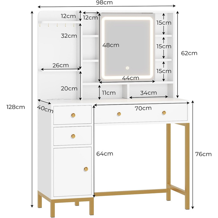 Трюмо AOGLLATI з розеткою, LED-підсвічуванням, регульованою яскравістю, шухлядами та полицями. Косметичний столик зі дзеркалом (білий)