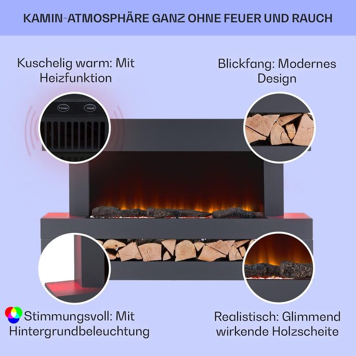 Електрокамін Klarstein Light & Fire 3 Smart, 2000 Вт, LED-імітація полум'я, з дистанційним керуванням, таймером, настінний, корпус MDF, чорний