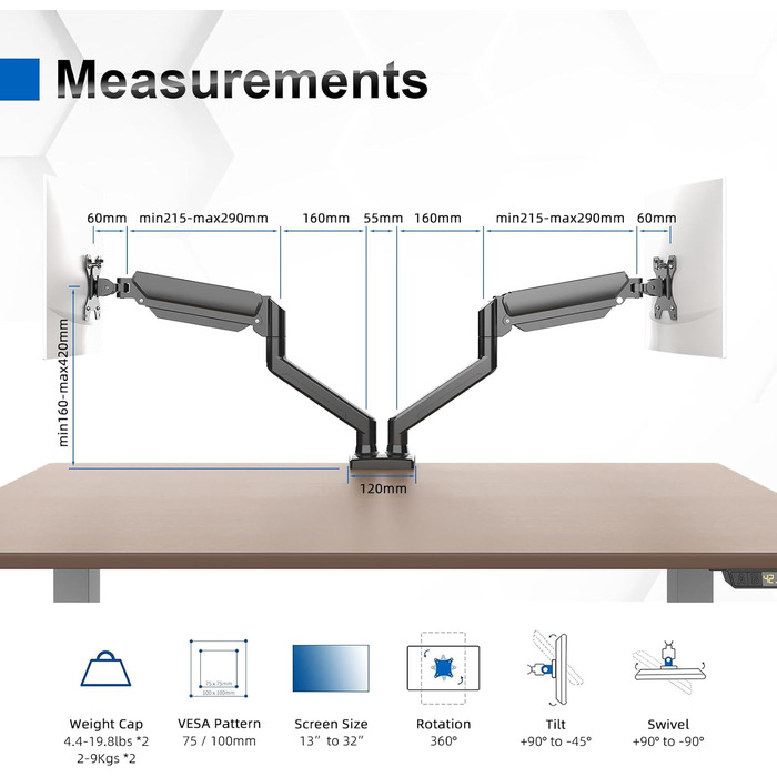 Підставка для монітора GRIFEMA Dual Arm - 2 монітори, 13-32 дюйми, регулювання висоти, поворот, VESA 75x75/100x100, до 9 кг
