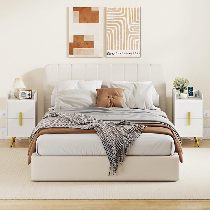 Нічний столик COSTWAY з зарядкою, вузький приліжний столик з 2 шухлядами, металеві ніжки, для спальні, вітальні, 32x40x60 см (Білий)