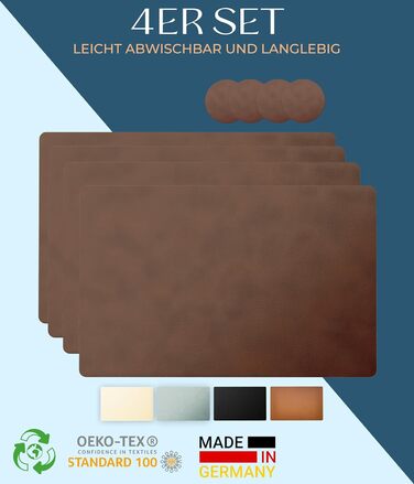 Набори серветок на стіл, 4 шт. – екологічні, стабільні та неслизькі – з високоякісної переробленої шкіри, Made in Germany (Темно-коричневі)