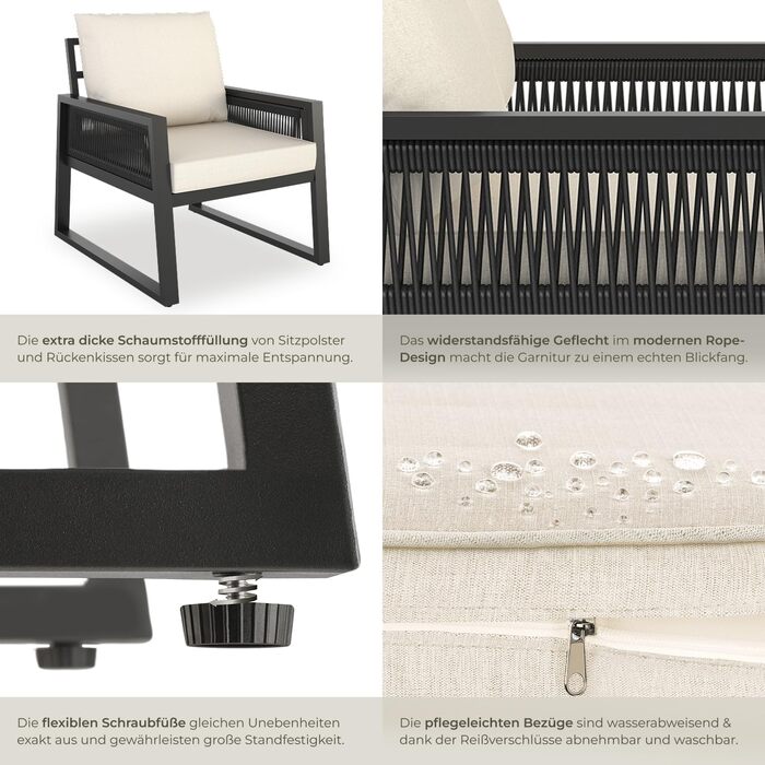 Набір садово-розкладних меблів tectake® Rope Design: 2 крісла, диван, стіл, подушки, для саду/балкону, 4 посадочні місця, вологостійкий, стиль 3