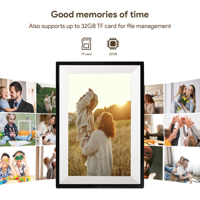 Цифровий фоторамка Aorpdd з Wi-Fi, 10.1 дюйма, HD IPS, сенсорний екран, 32GB, автоматичне обертання, Frameo App, чорний