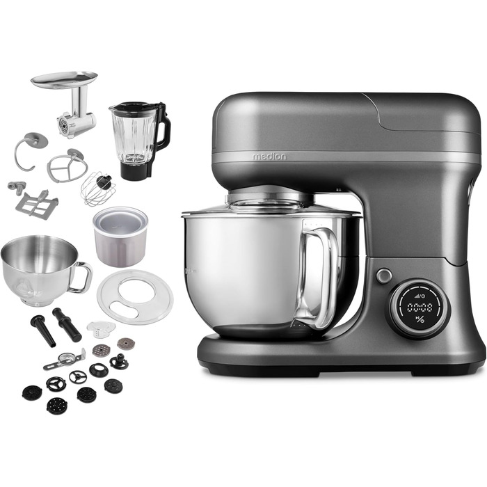 Кухонна машина MEDION MD18430: 3 в 1 (міксер, м'ясорубка, тістоміс), 5 л чаша з нержавіючої сталі, 1200 Вт, подрібнювач, нарізач, цифрова панель керування, з чашею для льоду та м'ясорубкою, з титановим ножем