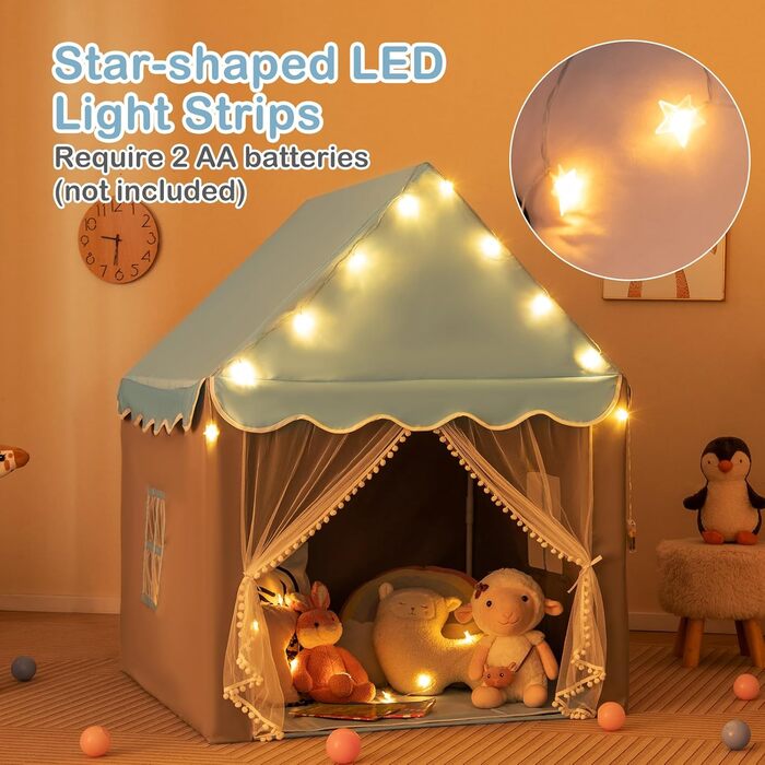 Дитяче намет-ігровий будиночок HOMASIS з килимком, зірками та віконцями, для дівчаток та хлопчиків, блакитний колір