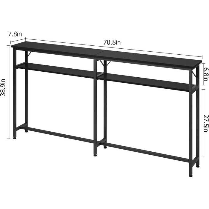 Консольний стіл вузький 180x23x100 см 2 полиці з місцем для зберігання, дуже довгий, сірий/чорний для передпокою/вітальні