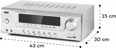 Auna AMP 3800 BT 5.0 - HiFi підсилювач 2x120 Вт + 3x50 Вт, Bluetooth, USB, SD, 2 мікрофонних входи, DVD-стерео, лінійний вихід, сріблястий