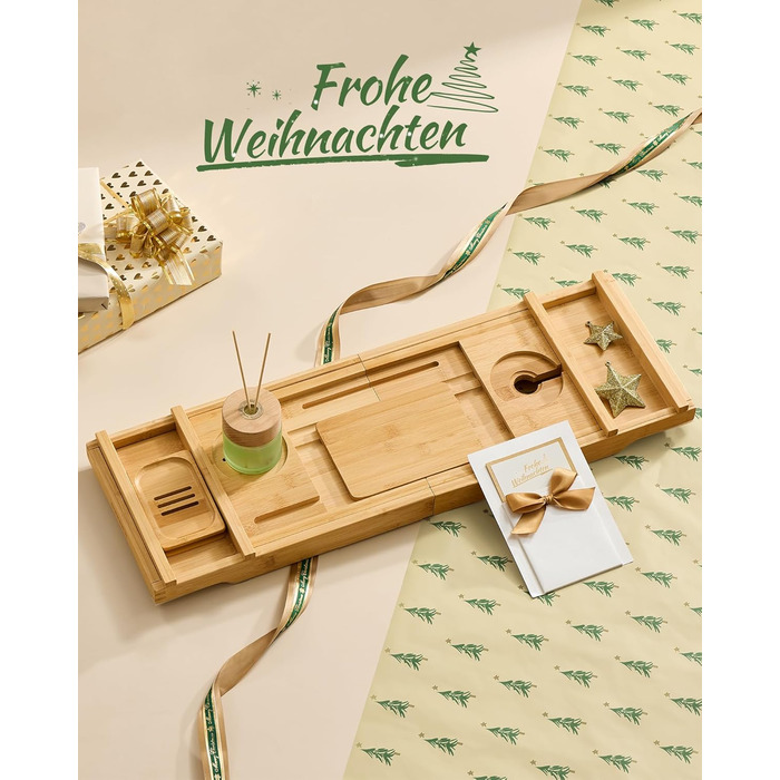 Полиця для ванни розкладна SONGMICS з бамбука 70-95.6 см, бежева - для книг, планшета, келиха, рушників