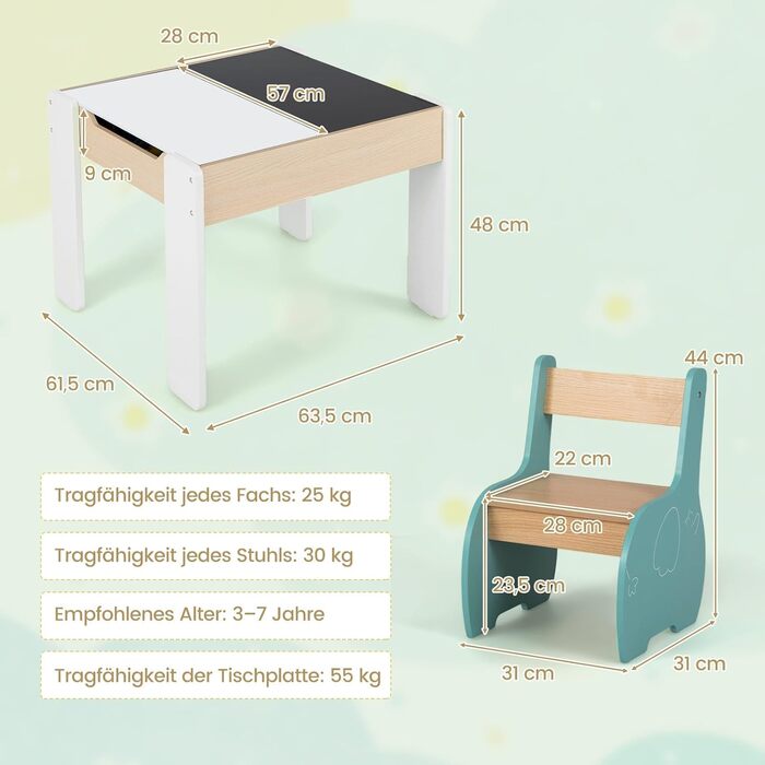 Детский стол и 2 стула Dreamade из дерева, 3шт. Комплект детской мебели для мальчиков и девочек (белый, розово-голубой). Стол с двусторонней столешницей и местом для хранения.