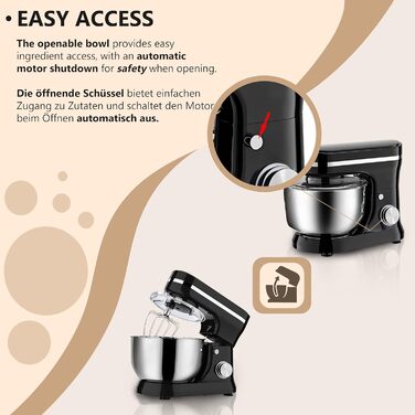 Кухонна машина Retoo 3-в-1 з нержавіючою чашею 6 л, 2000 Вт, 6 швидкостей, планетарний міксер, вінчик, гак для тіста, захист від бризок