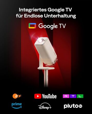Портативний проєктор Aurzen Boom Air Mini з Google TV та Netflix, 4K, USB-C, Smart, Dolby Audio, WiFi, Bluetooth, автофокус TOF, поворотний штатив, кремово-білий