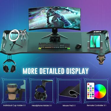 Ігровий стіл Kidsgigglz з LED-підсвічуванням 120x60 см: ергономічний комп'ютерний стіл з тримачем для напоїв та гачком для навушників для дому, офісу, кутовий стіл (140x60 см з рамою)