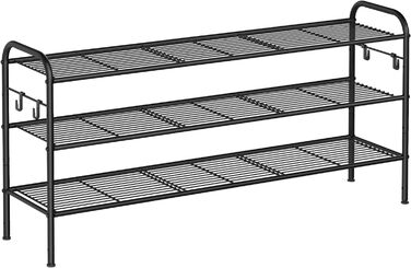 Полиця для взуття SONGMICS, полиця для взуття з 3 рівнями, металева полиця з 4 бічними гачками, для 12 пар взуття, регульована по висоті полиця, для вішалки для верхнього коридору, легка збірка, чорне чорнило (3 рівні (28 x 114 x 53 см))