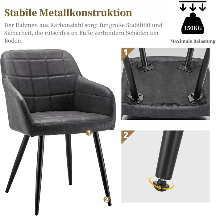 CLIPOP Комплект з 2-х обідніх стільців, з підлокітниками, з штучної шкіри, для кухні, вітальні, обідньої кімнати (штучна шкіра, темно-сірий)
