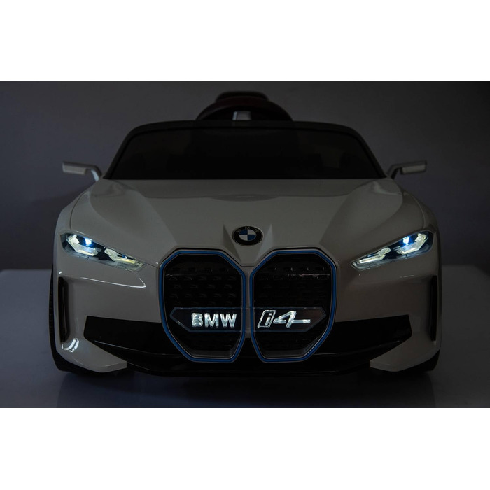 Дитячий електромобіль BMW i4, ліцензія, 12V7A, 2 мотори, керування, MP3, шкіряне сидіння, EVA, білий