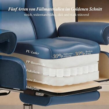 Офісний стілець Efomao XXL 200 кг з підставкою для ніг, штучна шкіра, висока спинка, регульовані підлокітники, підтримка попереку, сірий - для дому та офісу