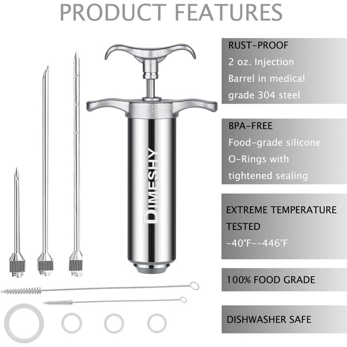Інжектор для м'яса з нержавіючої сталі 304, Heavy Duty, комплект з голками для маринаду