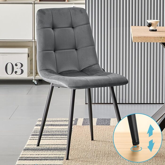 Набір з 6 обідніх стільців, м'який стілець з оксамитовою оббивкою та чорними металевими ніжками, кухонні стільці з максимальною вантажопідйомністю 120 кг, темно-сірий