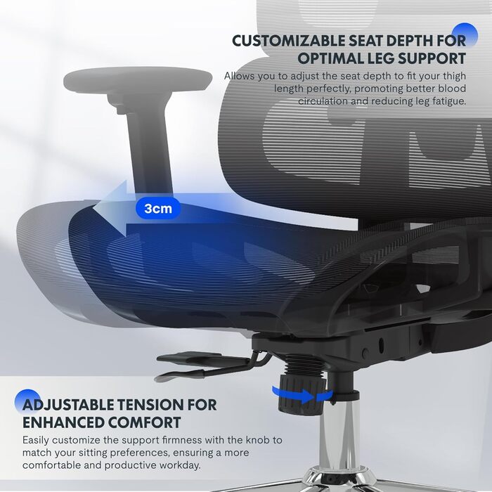 Офісний стіл FLEXISPOT C7 Lite-Mesh: ергономічний крісло з 3D підлокітниками, 3D підголівником та 5D спинкою. Макс. навантаження 130 кг, сірий колір.
