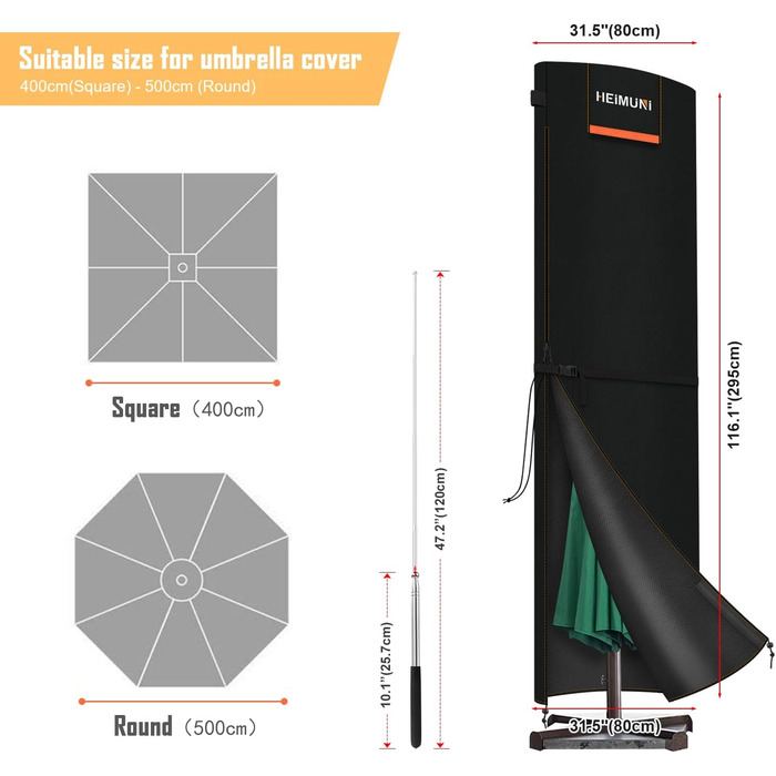 Чохол для парасольки від сонця, захисний чохол для парасольки, 3-5 м, великий розмір, захист від погодних умов, UV, вітру та снігу, 295x80/80 см