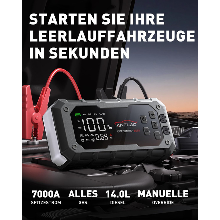 Powerbank для автомобіля ANFLAG 7000A з компресором 160PSI, 26800mAh, підтримка бензинових та дизельних двигунів (до 14.0L), PD65W, LED-ліхтар