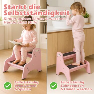Дерев'яний дитячий стільчик Tritthocker з 2 сходинками, неслизький, для ванної та кухні, скандинавський дизайн, колір: натуральний (рожевий)