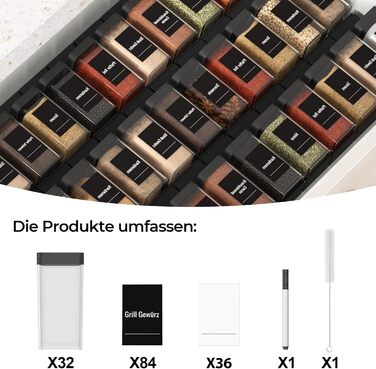 Набір кутових банок для спецій з кришкою, 32 шт по 120 мл, чорний, з дозатором та 120 етикетами