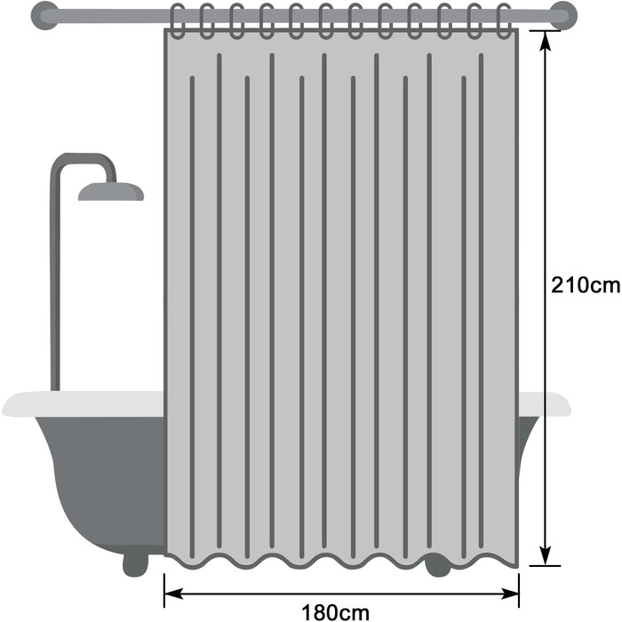 Фіранка для душу EurCross 180x200, водонепроникна завіса для душу, текстильна вафельна тканина з поліестеру, що миється фіранка для ванної, антибактеріальна проти цвілі, з 12 кільцями для Фіранки для душу (сірий, W180 x H210 см)