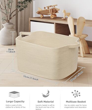 Складаний кошик для білизни, 63L, з бавовни, плетений, з ручкою, 2 шт. (білий та коричневий)