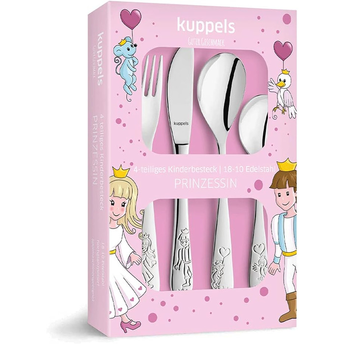Дитячий набір столових приборів Kinderbesteck з гравіюванням імені/мотива принцеси, 4 шт. з нержавіючої сталі, гравіювання в стильних шрифтах