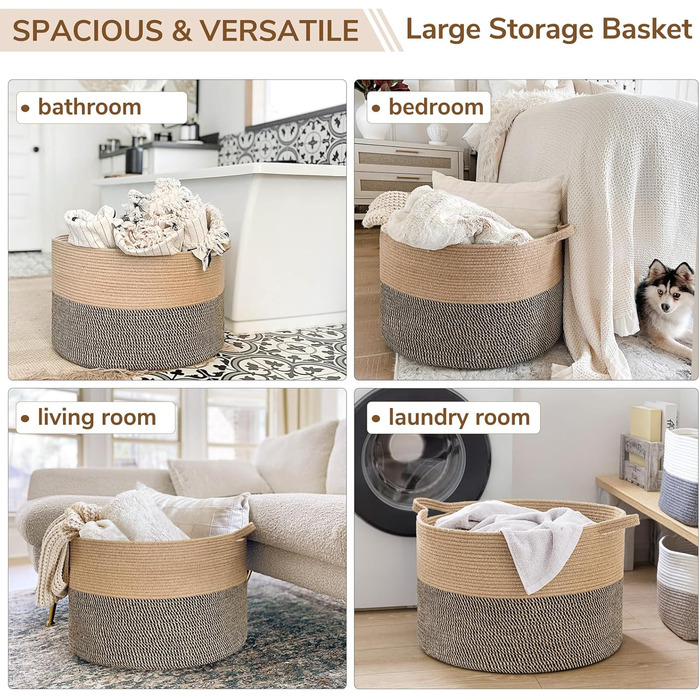 Кошик для зберігання TIMEYARD, кошик для іграшок у дитячу кімнату, великий кошик для білизни, 55x35 см, чорний & джутовий