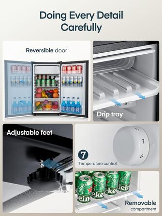 Компактний холодильник FOHERE на 90л з морозильною камерою, відділенням для овочів та 7 рівнями регулювання температури, чорний