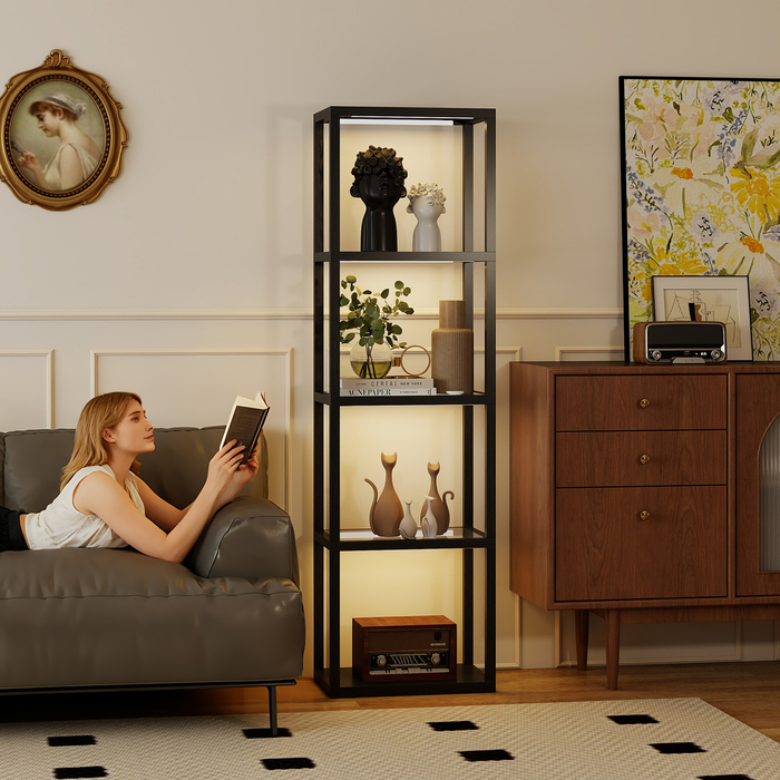 Стійка лампа HOMCOM з RGB підсвічуванням та скляними полицями, 4-рівнева LED-стійка лампа з пультом дистанційного керування, синхронізація з музикою, чорного кольору