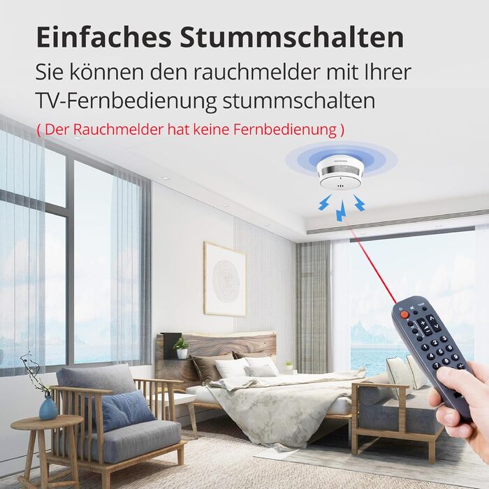 Датчик диму Rauchmelder: 5 шт., батарея на 10 років, для дому, з віддаленим вимкненням та великою кнопкою тестування, EN14604