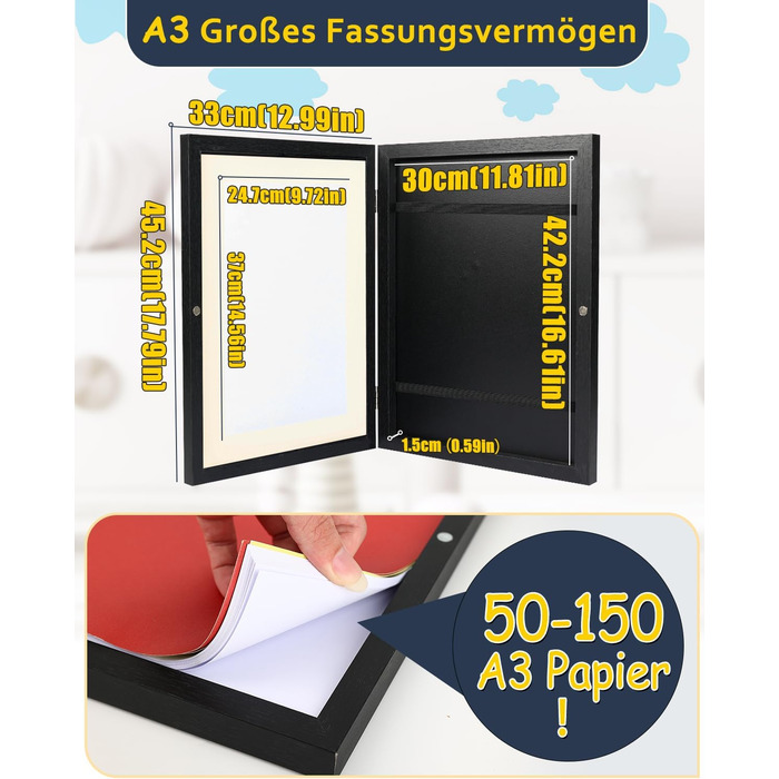 Рамка для дитячих малюнків Ciscle, A3, чорна. Рамка для фотографій та творчих робіт, ідеальна для школи та дому. 1 шт.